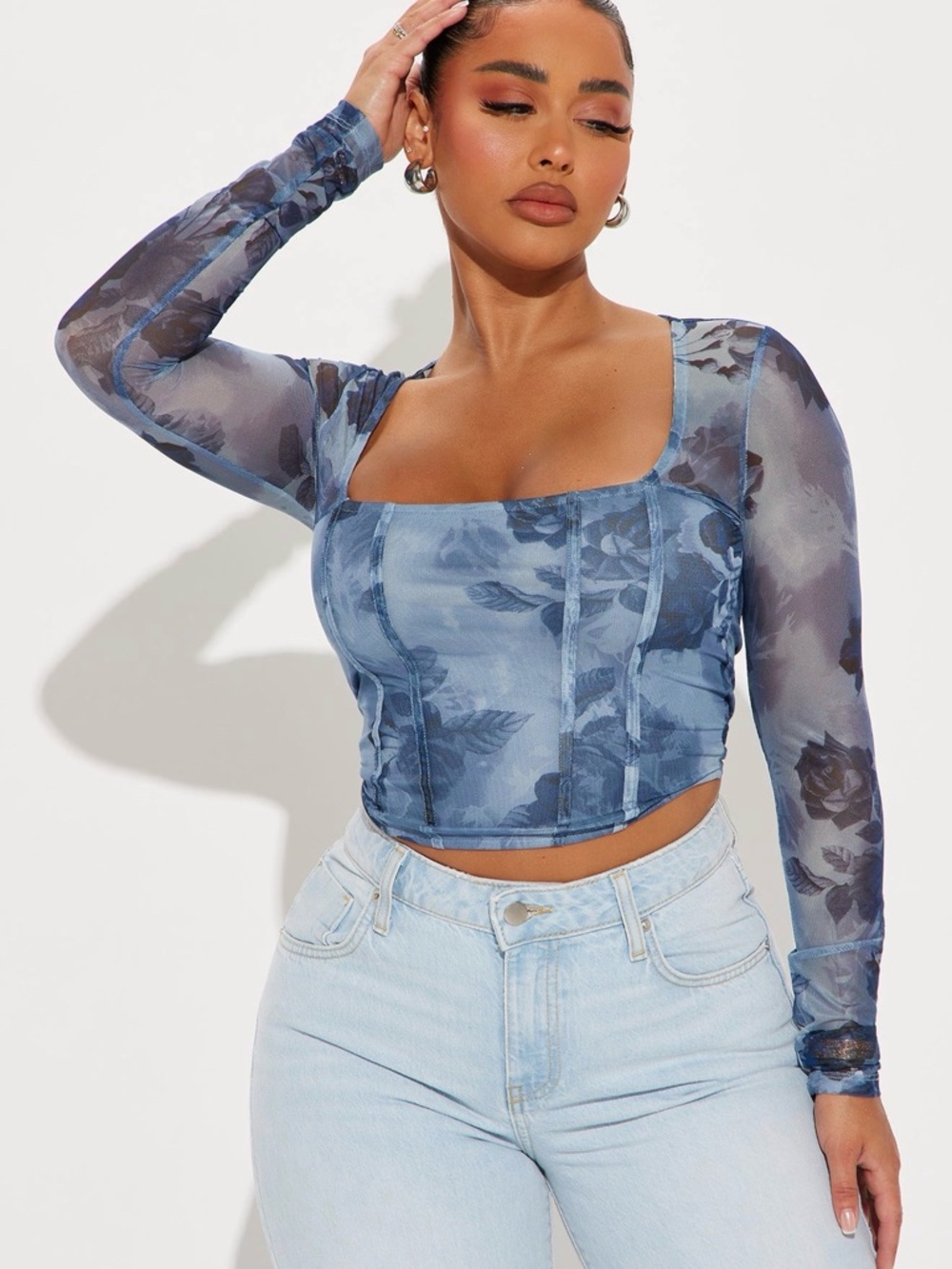 Fashion Nova Blue Floral Mesh Corset Crop Top